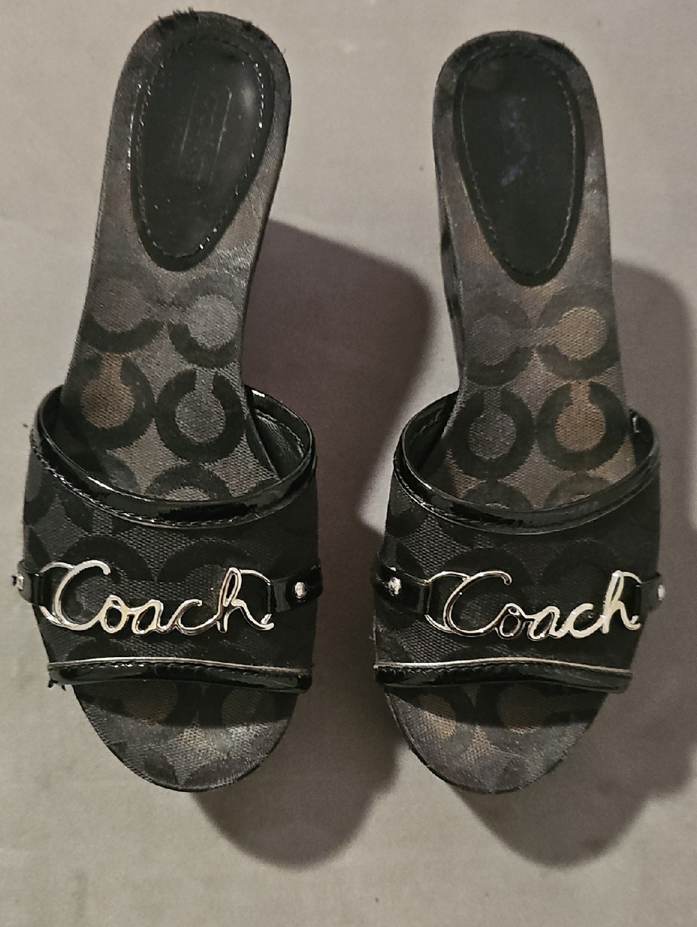 Coach Black Logo Slide Mules with Silver Script Accent
